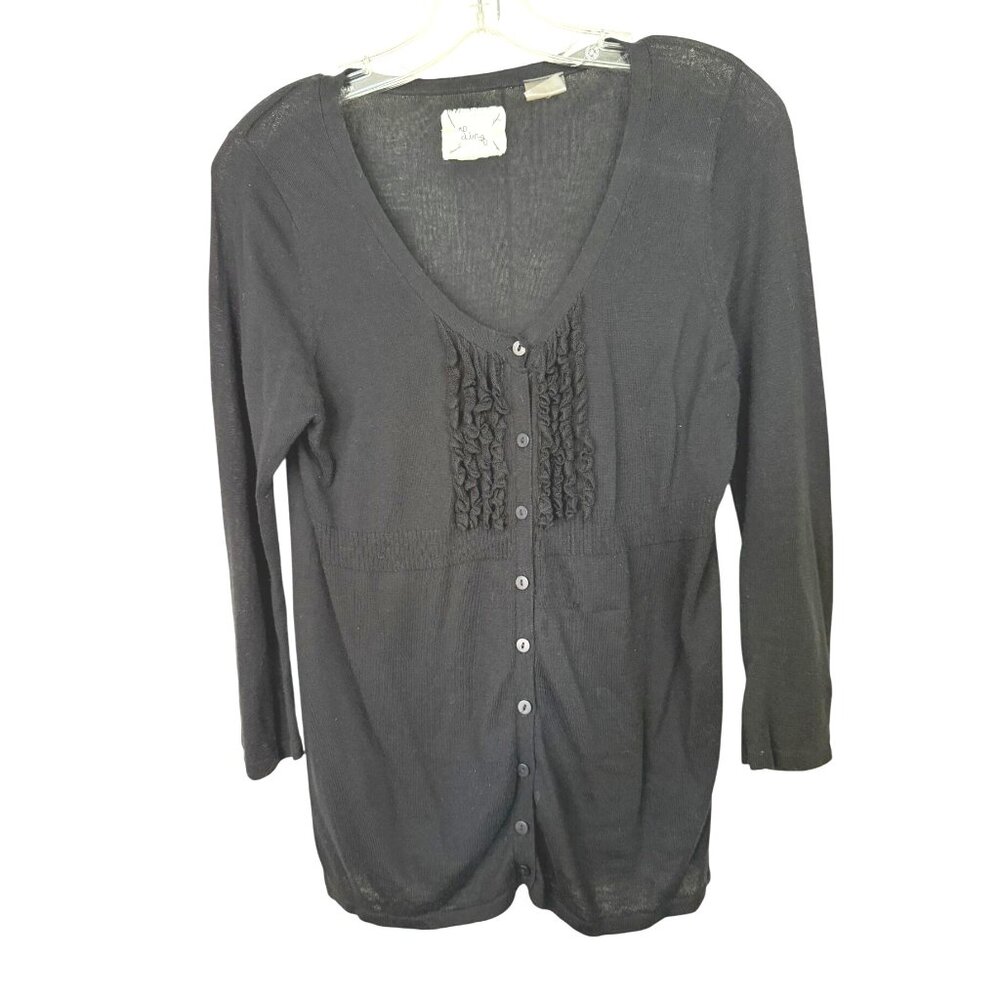Linq Womens Black V-Neck Ruffled Front Button Up Cardigan 3/4 Sleeve Feminine